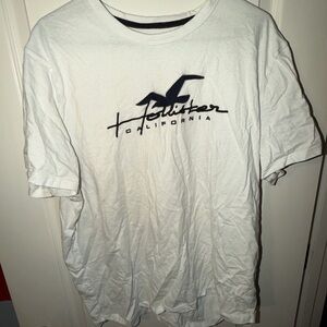Hollister Men's White Tee with Navy Logo